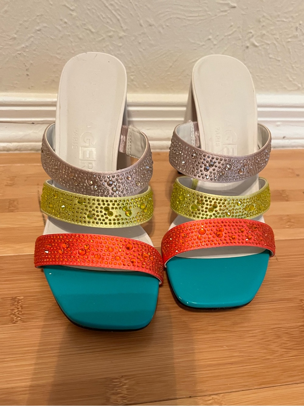 Karl Lagerfeld Turquoise, Orange, Lime & Silver Crystal Strap Slide Heels